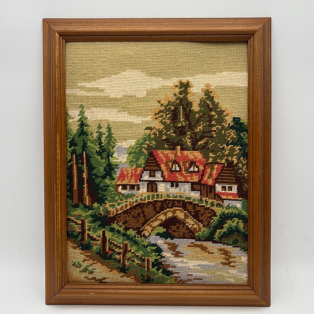 Vintage 1980s European Needlepoint Framed Embroidery Wall Art Landscape 15 x 19